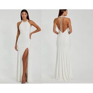 New Mac Duggal 25572 Beaded Halter Jersey Evening Gown white Dress 6